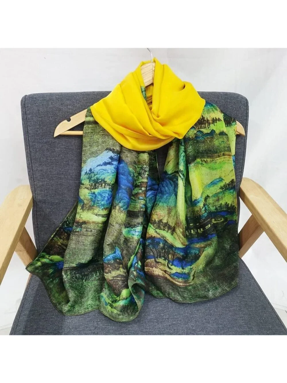 Women's Yellow Lightweight Silk Like Scarves Flower Print Head Cotton Wrap Scarf